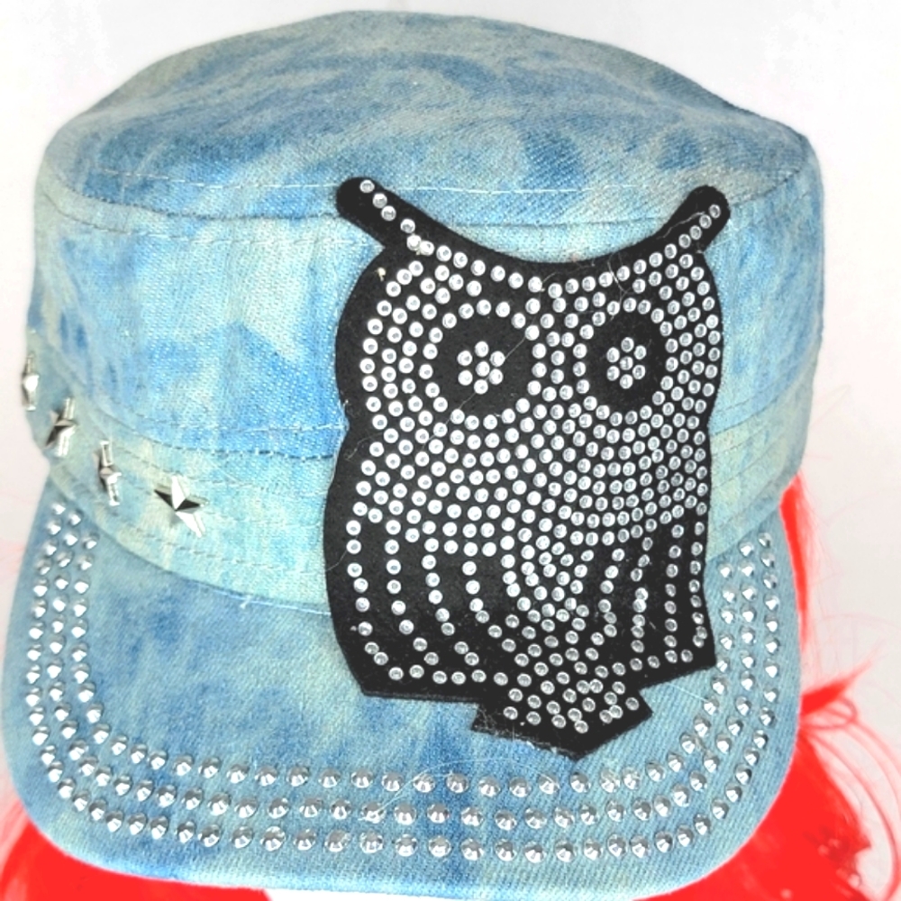 `H25276 NWT Professional Style Rhinestone Cadet Cap - Owl - Splash Light Denim